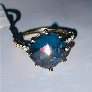 Judith Ripka 14 kt gold/sterling cushion London blue Flora synthetic topaz ring